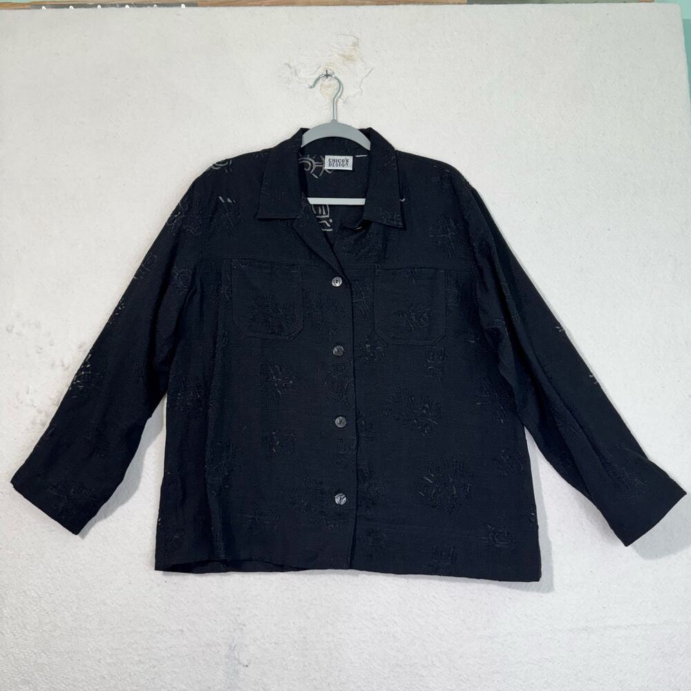 Chico’s Black Burnout Primal Print Textured Button-Up Boxy Shirt Large 90s VTG